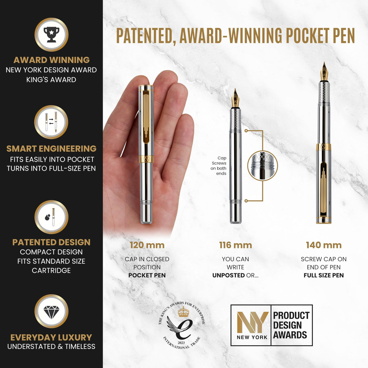 Scriveiner Silver Chrome Fountain Pen (Fine), Award Winning, Heavy Pocket Stunning Luxury Pen, Real