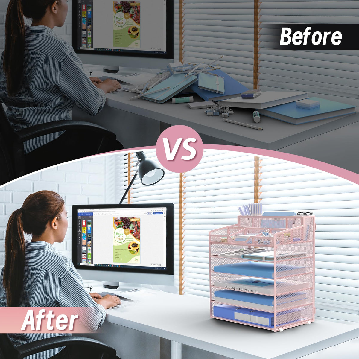 OrgMate 6 Tier Mesh Paper Desk Organizer with Pen Holders, Pink
