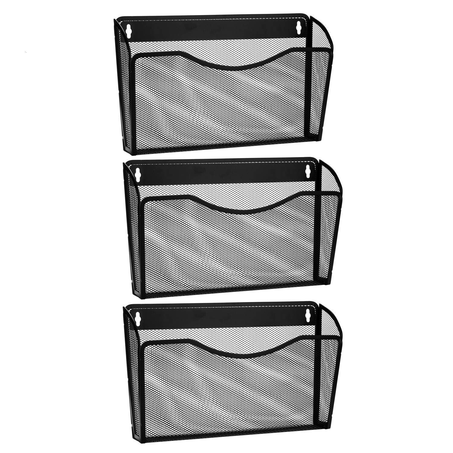 3 Pocket Wall Mount File Hanging Organizer, Metal Mesh Office Home Folder Binder Holder Magazine