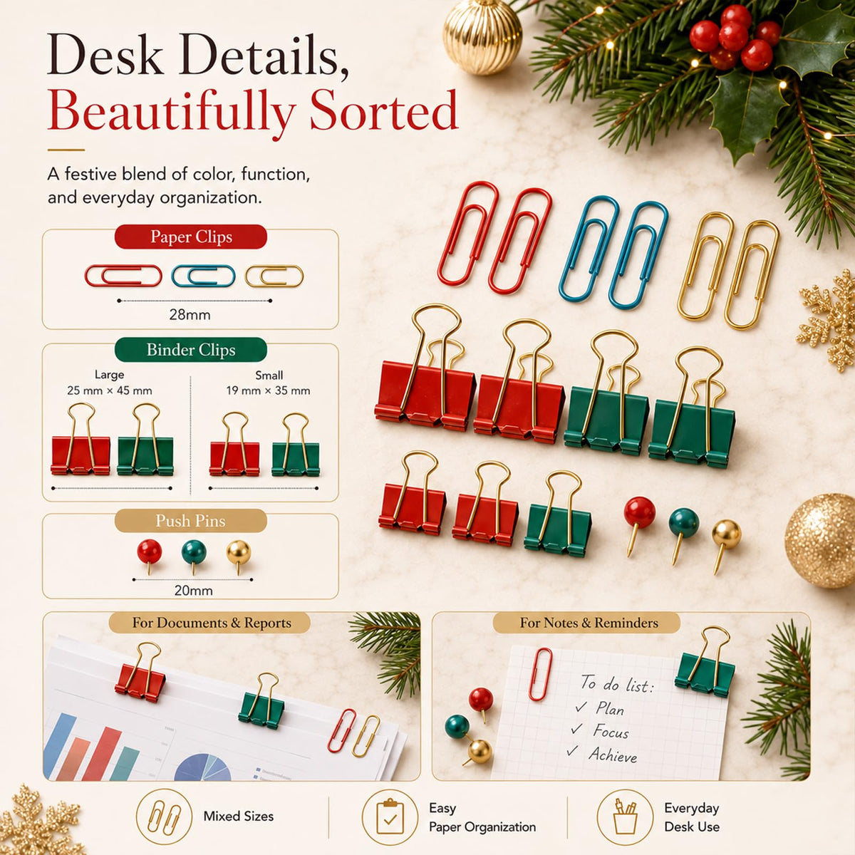 Creechwa Paper Clips and Binder Clips Set, Green & Red, Assorted Size Clips