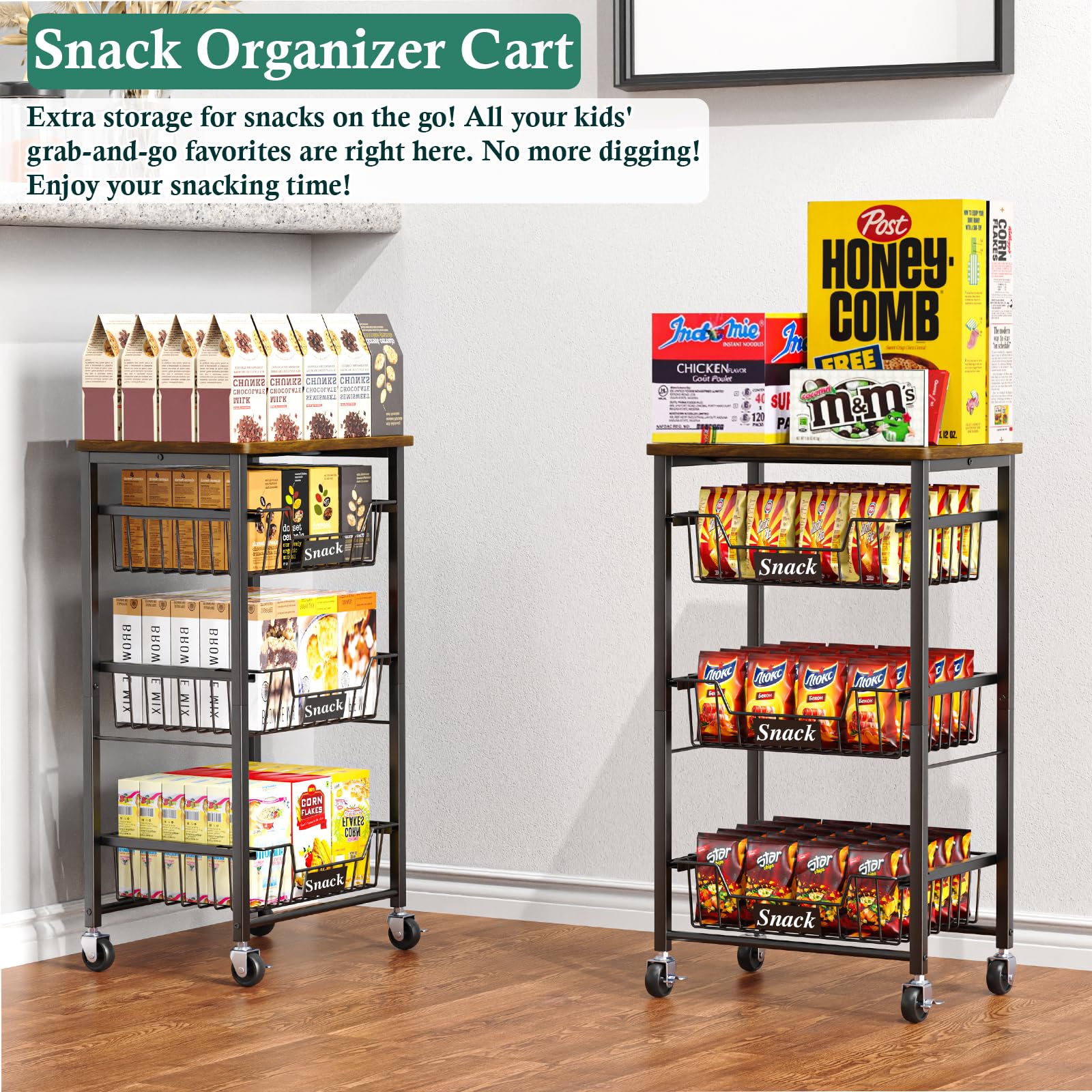 OKZEST 4-Tier Kitchen Storage Cart with 3 Upgraded Drawer Basket & Wood Top