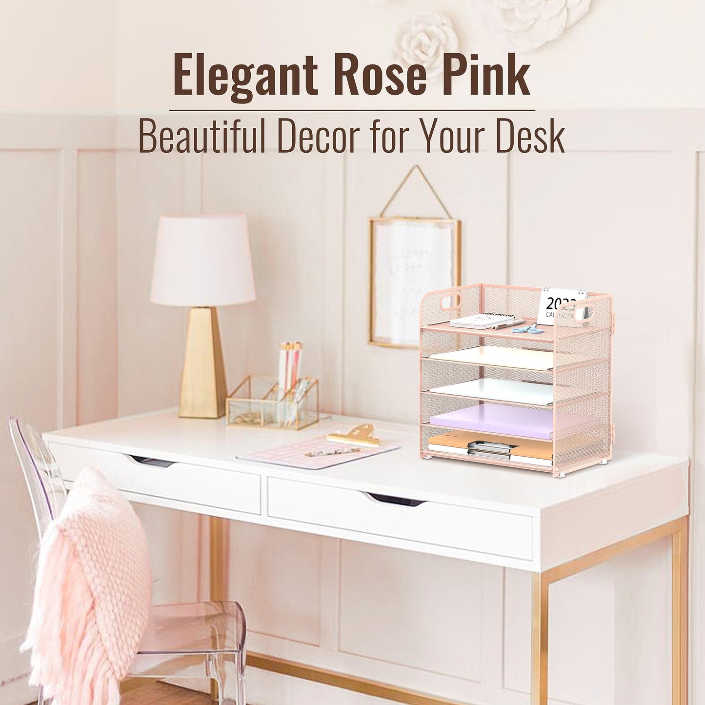 2 Pack 5-Tier Pink Desk Organizer with Handle Mesh Desk File/Paper Organizer Letter Tray for