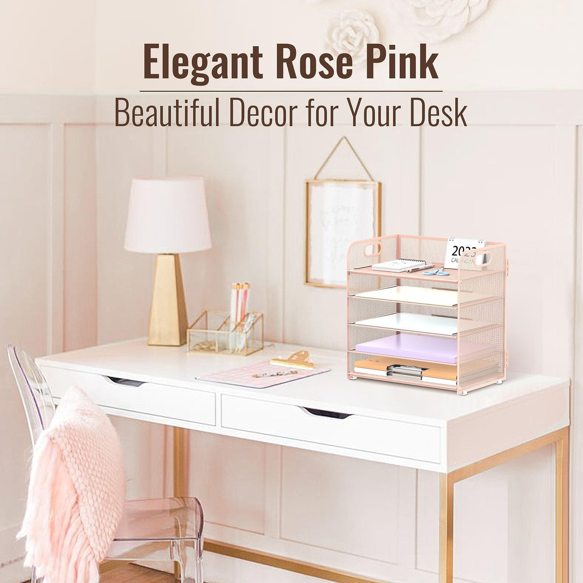 2 Pack 5-Tier Pink Desk Organizer with Handle Mesh Desk File/Paper Organizer Letter Tray for
