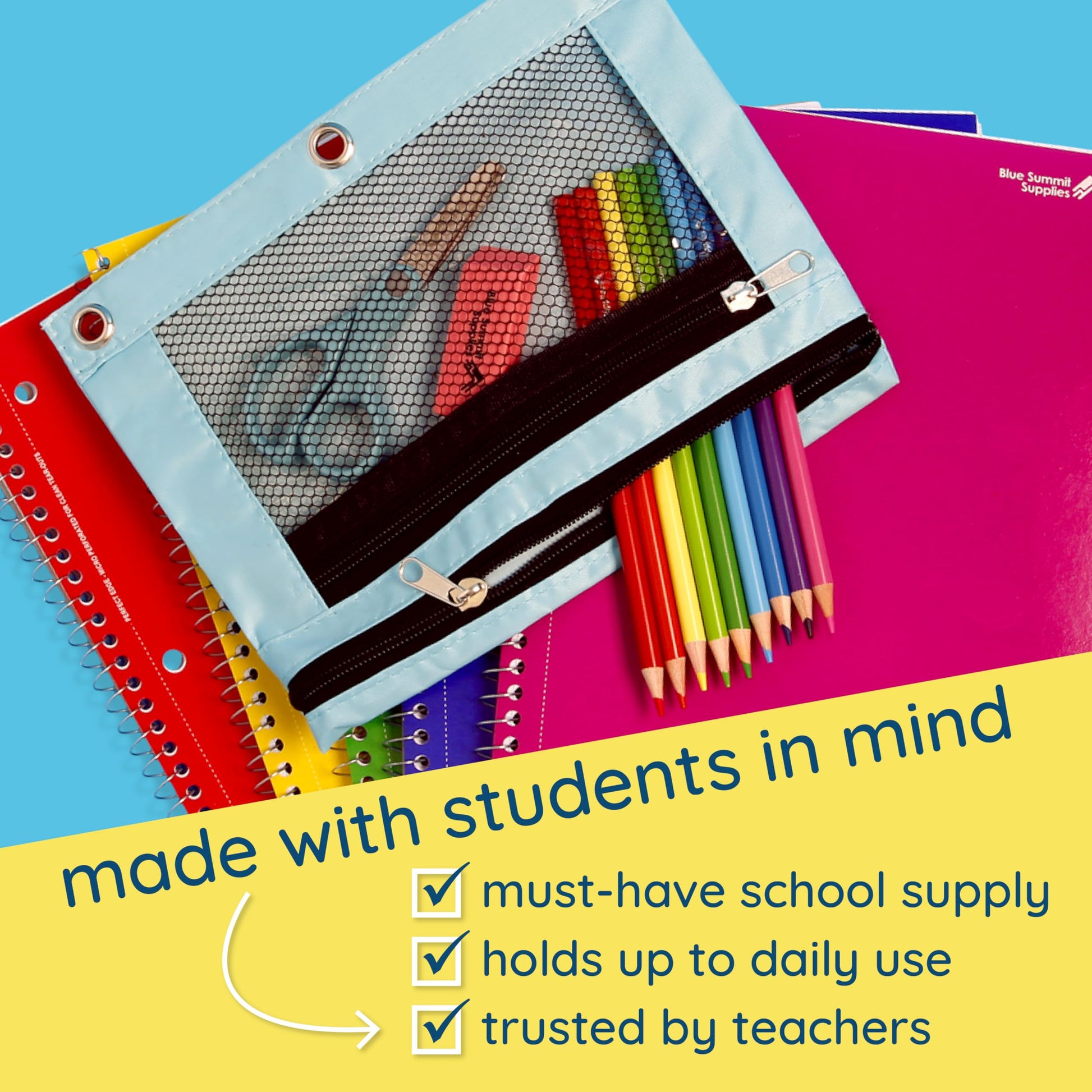 Blue Summit Supplies 30 Pencil Pouches, 3 Ring, Mesh Window, Assorted