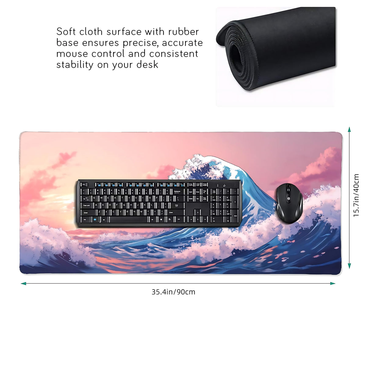 Cute Aesthetic Kanagawa Great Wave Gaming Mouse Pad, Blue Pink Japanese Desk Mat with Anti-Slip