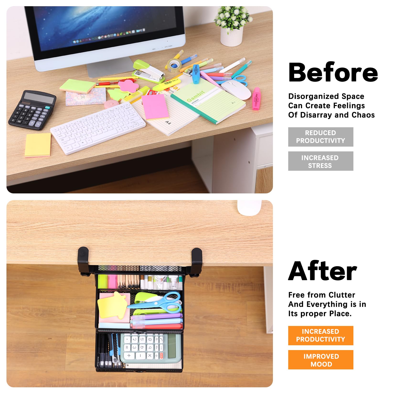 Under Desk Drawer, Clamp on Desk Organizer Slide Out Table Storage No Drill