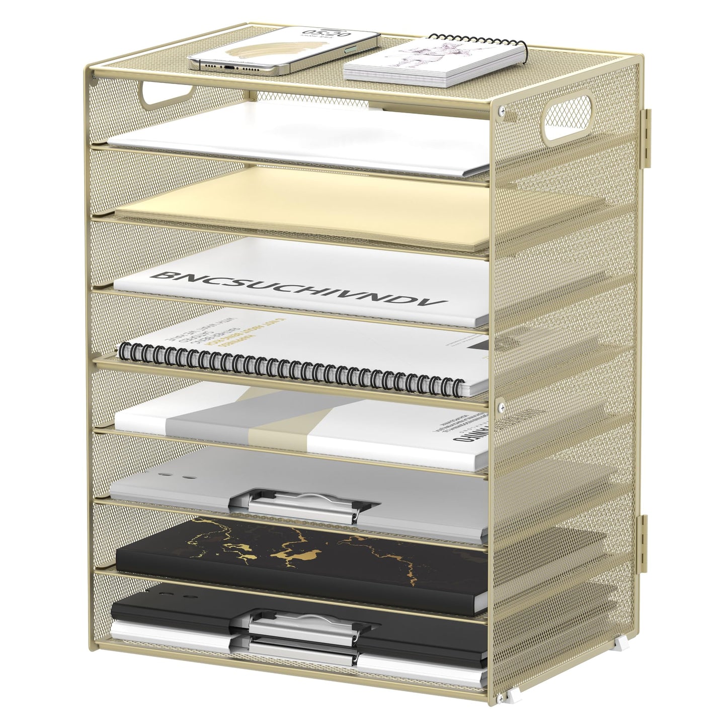 9-Tier Paper Organizer for Desk, Letter Tray with Handles, Golden Yellow