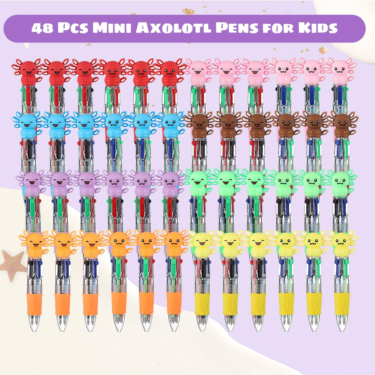BESARME 48 Pcs Axolotl Pens for Students, 4-in-1 Cute Pen Gifts
