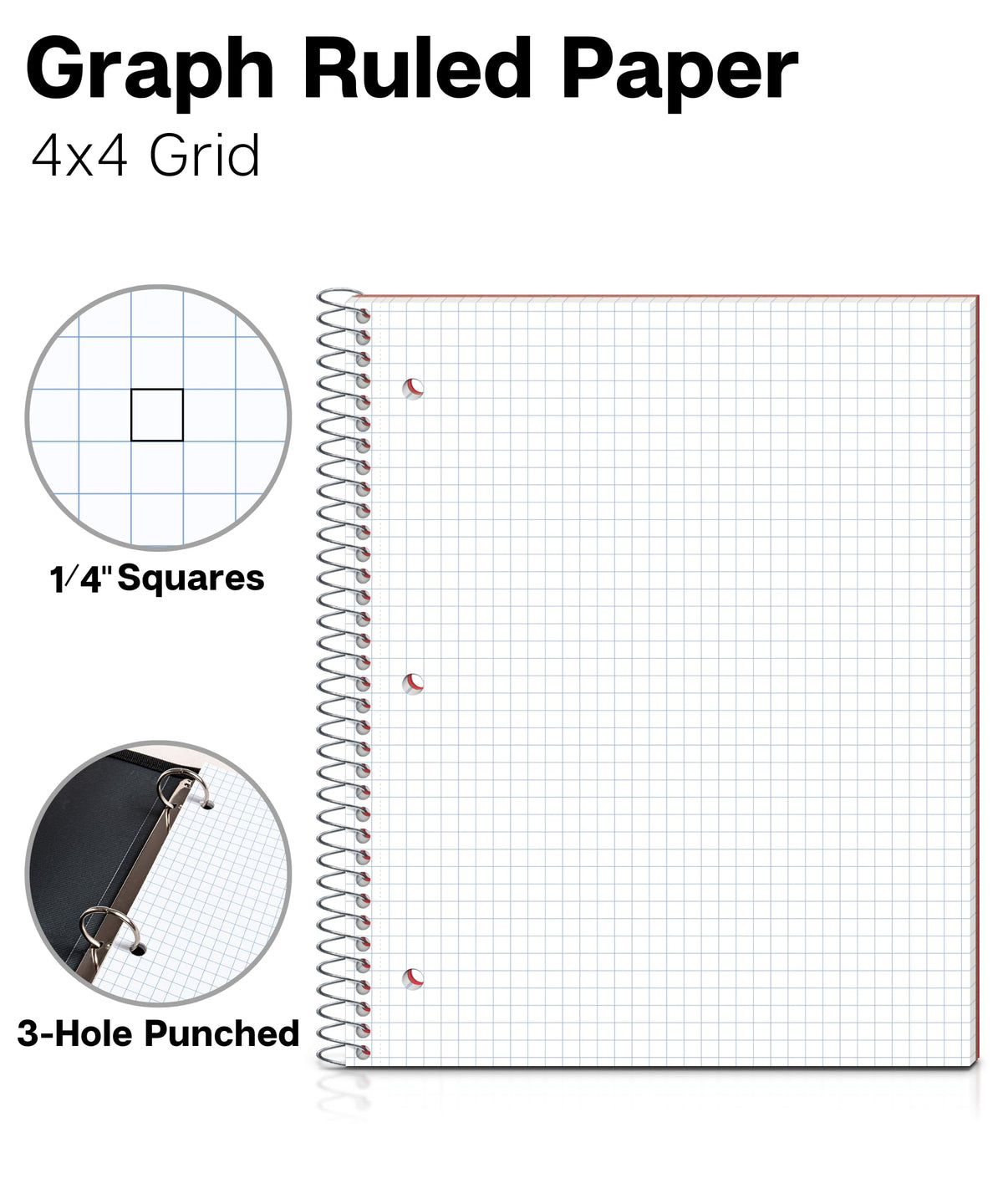 Dunwell Graph Paper Notebook 8.5 x 11 (Red) Plastic Cover, 100 Sheets (200 Pages), 4x4 Squares, 1