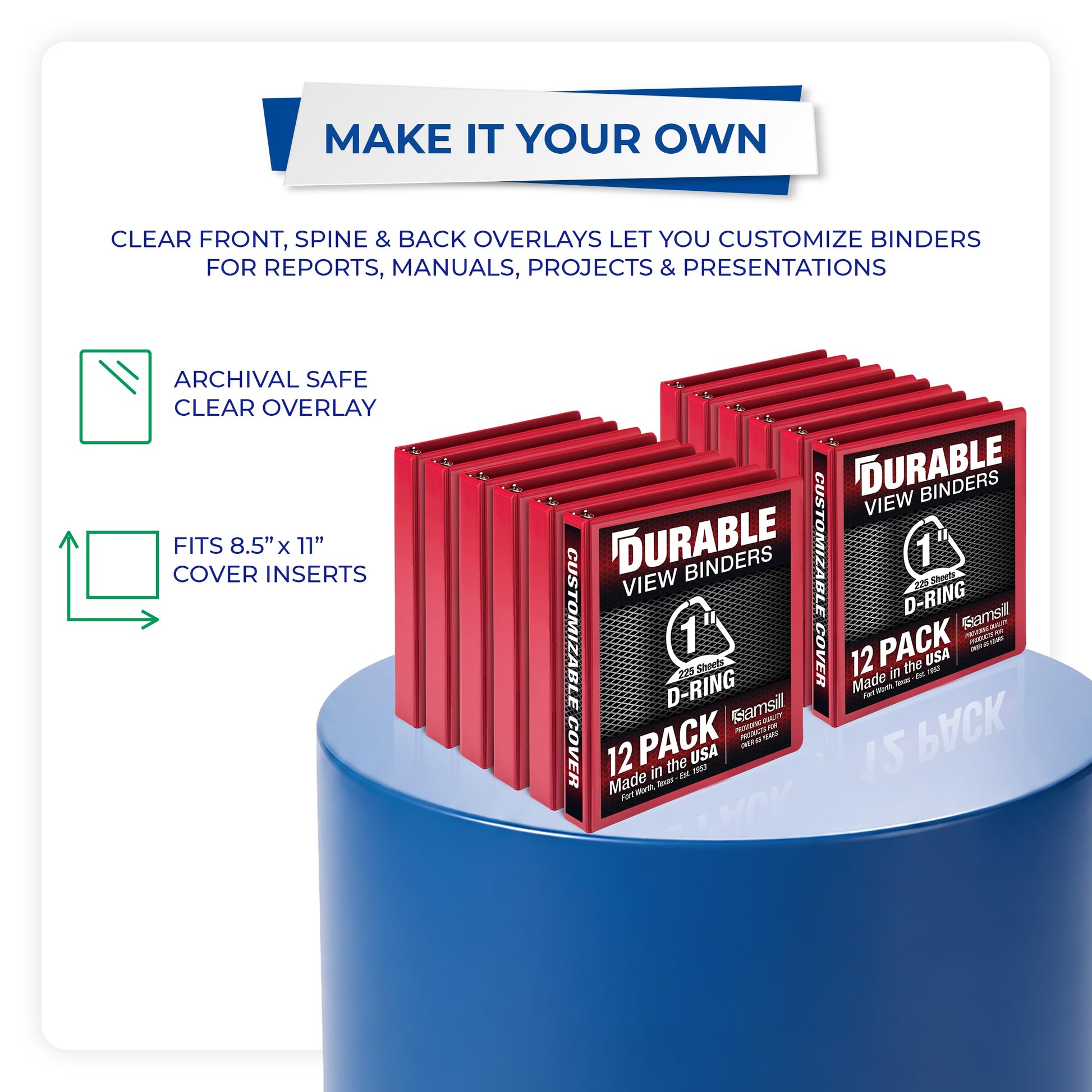 Samsill Durable 1 inch 3 Ring Binder, D Ring Binder, 100% Recycled Chipboard, Red, 12 Pack