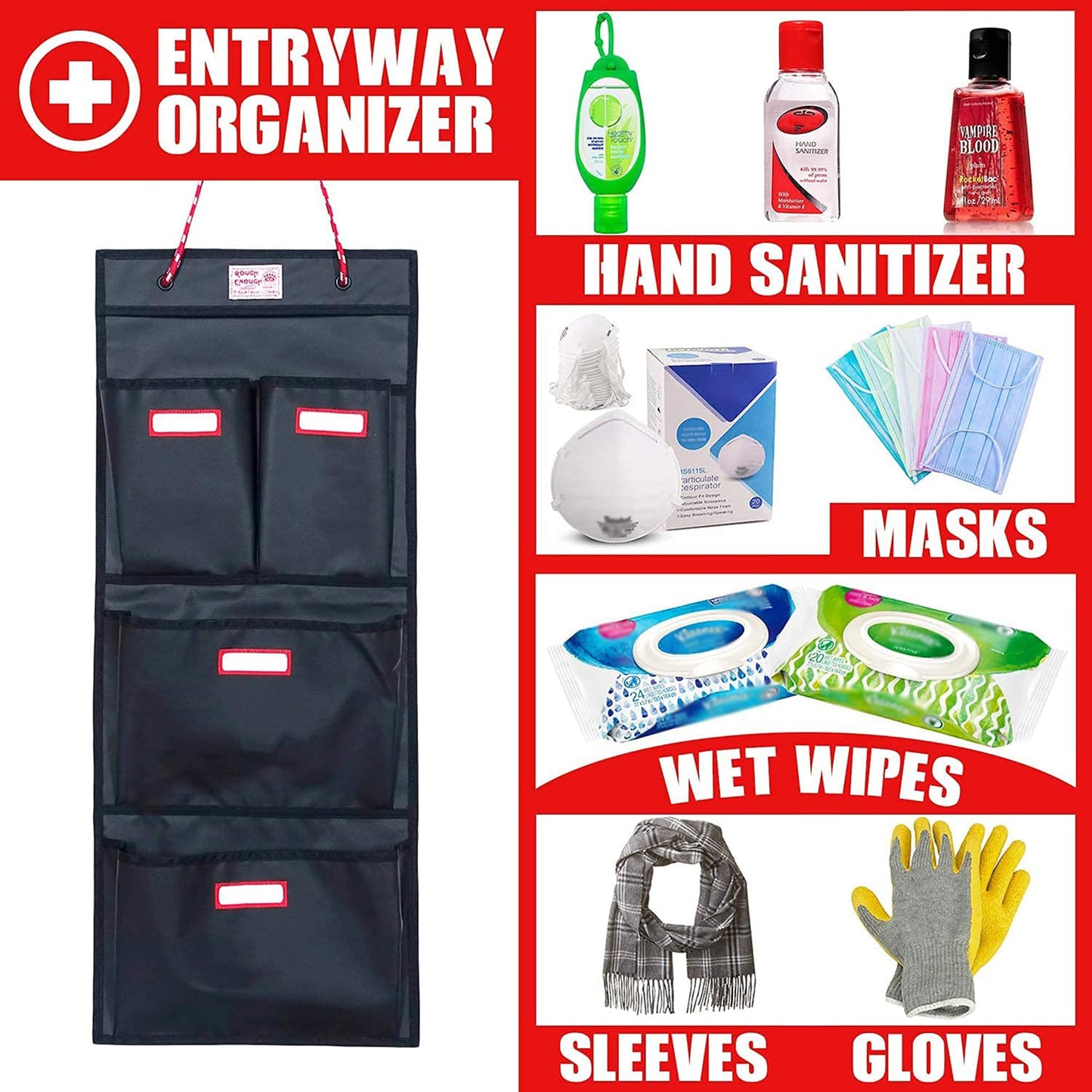 Rough Enough Locker Organizer, 4 Pockets Hanging for Gym Work Wall, Black