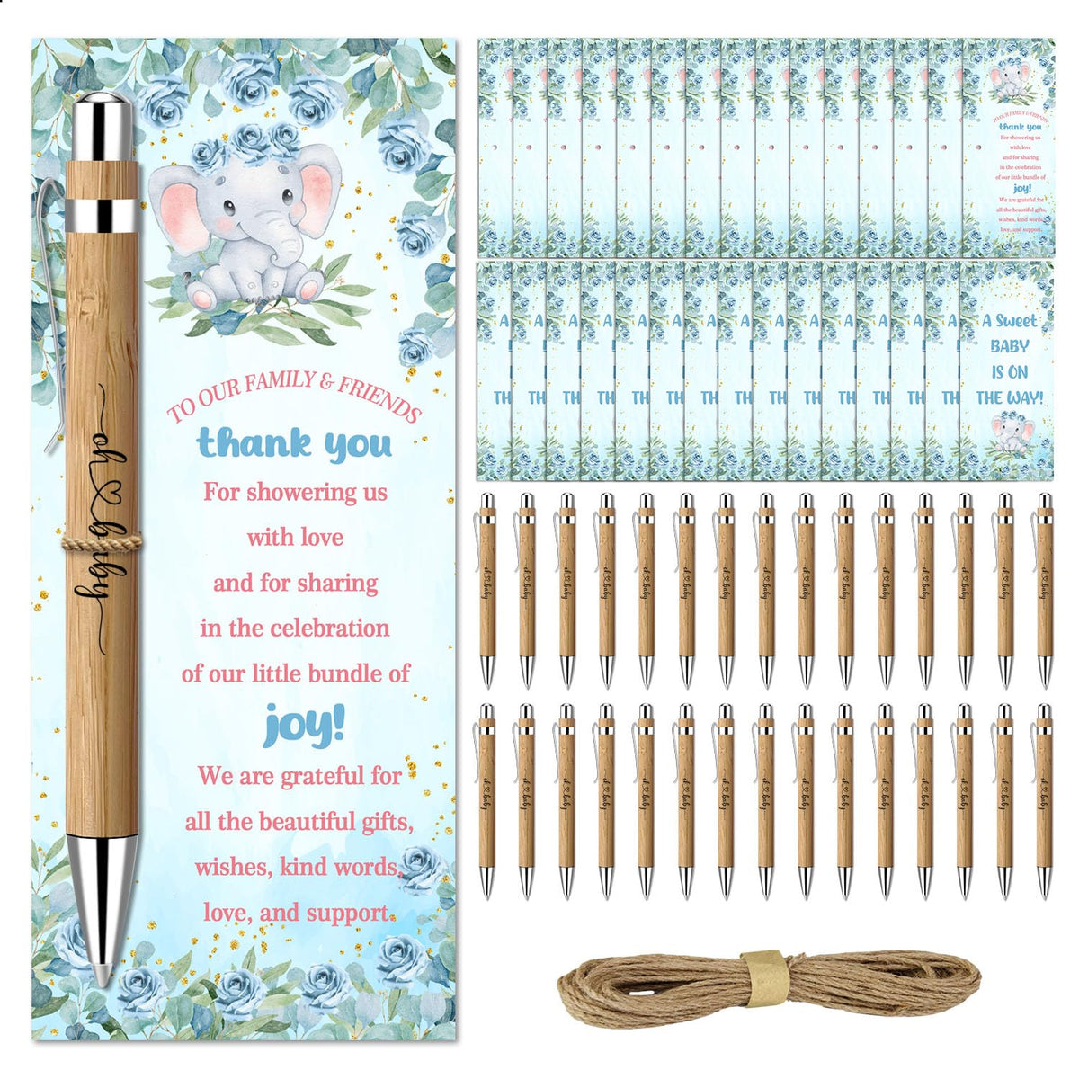 Baby Shower Favors for 30 Guests, Bamboo Pens Greeting Cards, Blue Elephant