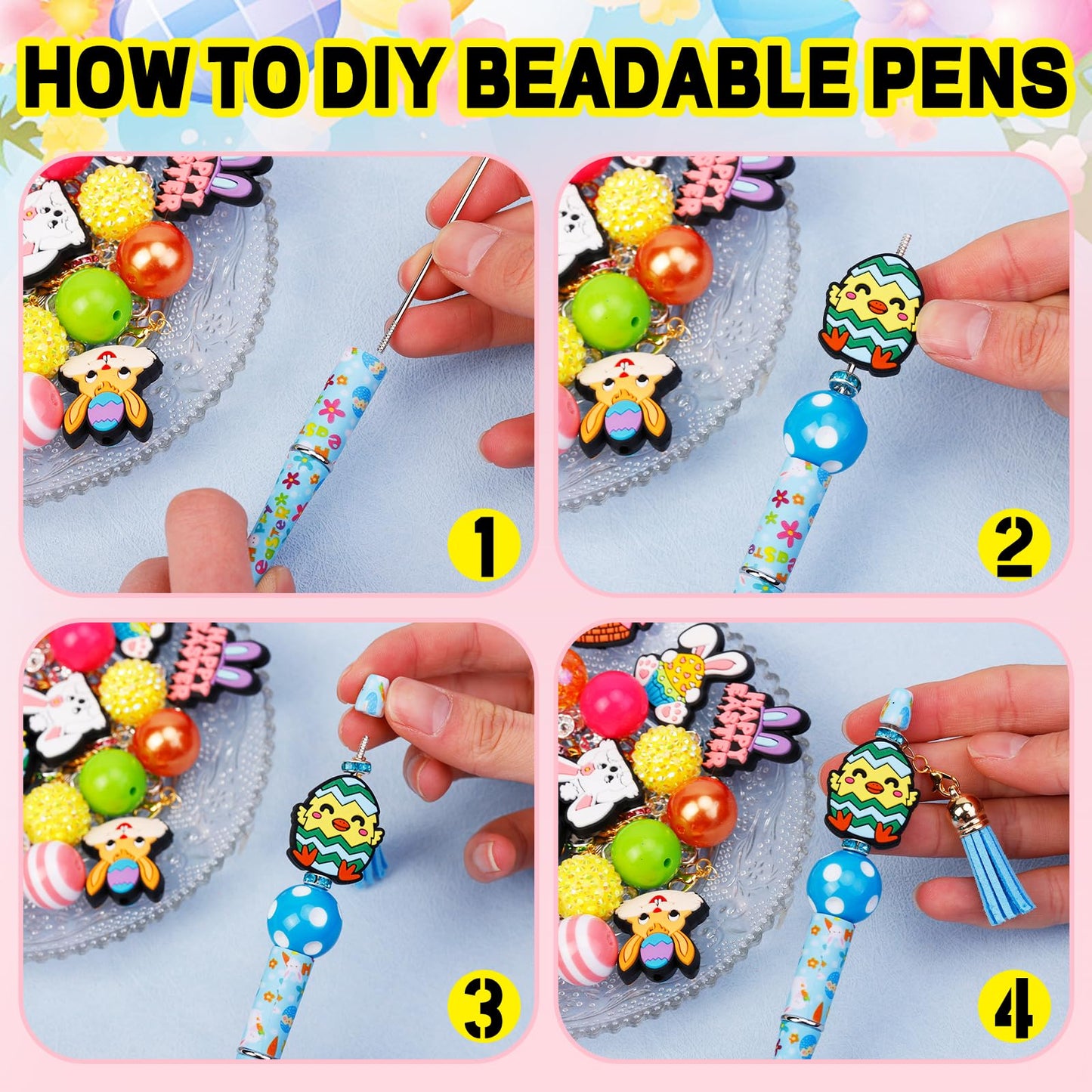 Japior 12 Sets Easter Beadable Pens DIY Pen Making Kit with Bubblegum Beads Silicone Focal Beads