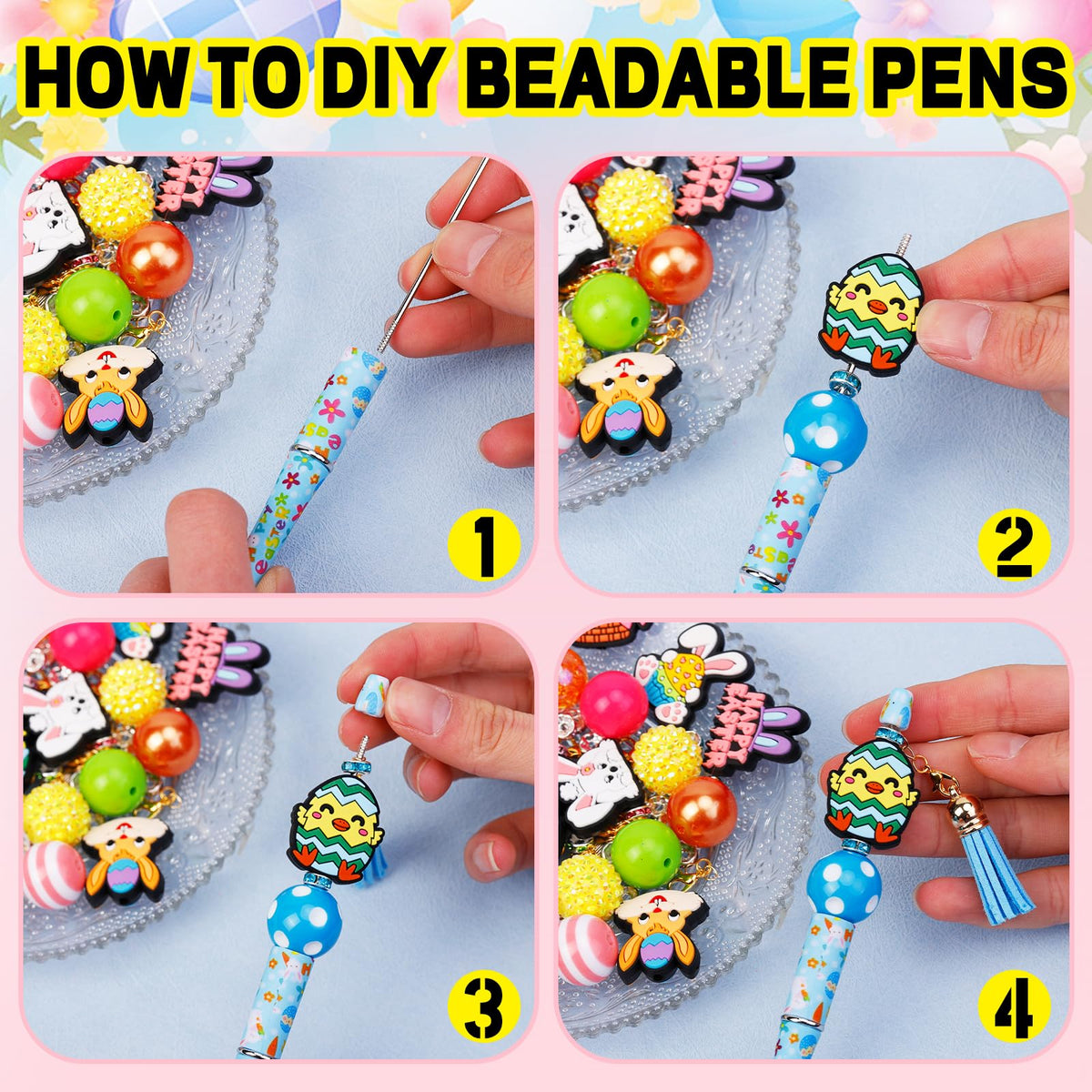 Japior 12 Sets Easter Beadable Pens DIY Pen Making Kit with Bubblegum Beads Silicone Focal Beads