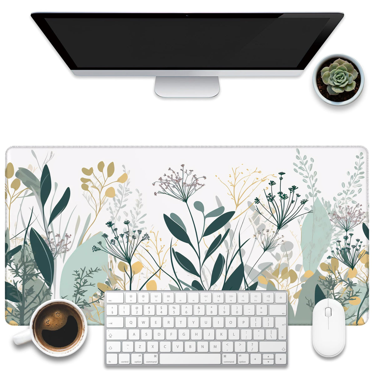 KOAIWPAE Desk Mat, Green Gold Plant Leaves Desk Pad, Wildflowers Large Gaming Mouse Pad for Desk