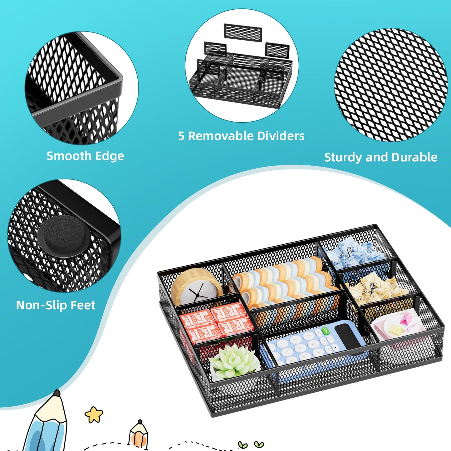 Marbrasse 2 Pack Desk Drawer Organizer, Mesh Drawer Organizer Tray with 8 Adjustable Compartments