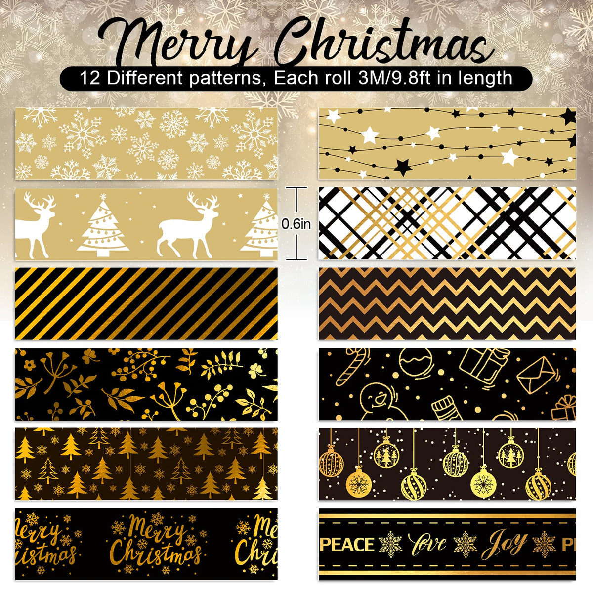 Whaline 12 Rolls Christmas Washi Tape Black Gold Xmas Washi Masking Tape Foil Gold Snowflake Xmas