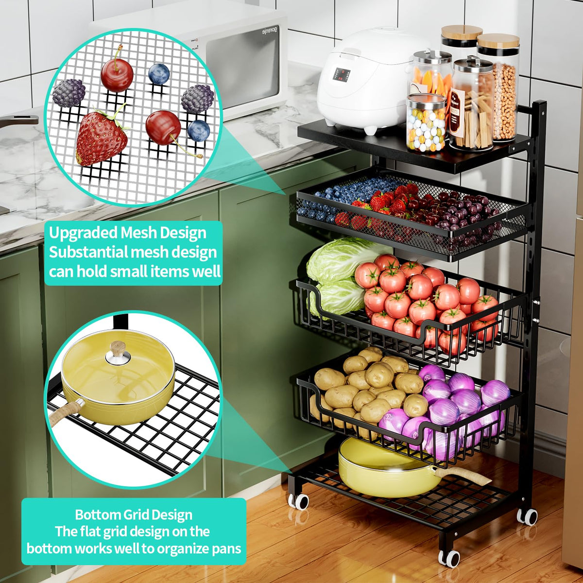 HapiRm Fruit Basket Kitchen Cart - 5 Tier Adjustable Vegetable Storage Rack, Large Capacity Rolling