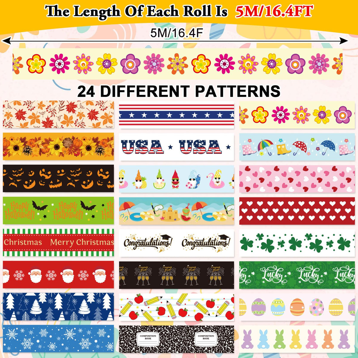 Whaline 24 Rolls Holiday Washi Tape Seasonal Masking Tape Set 4th of July American Festival Back to