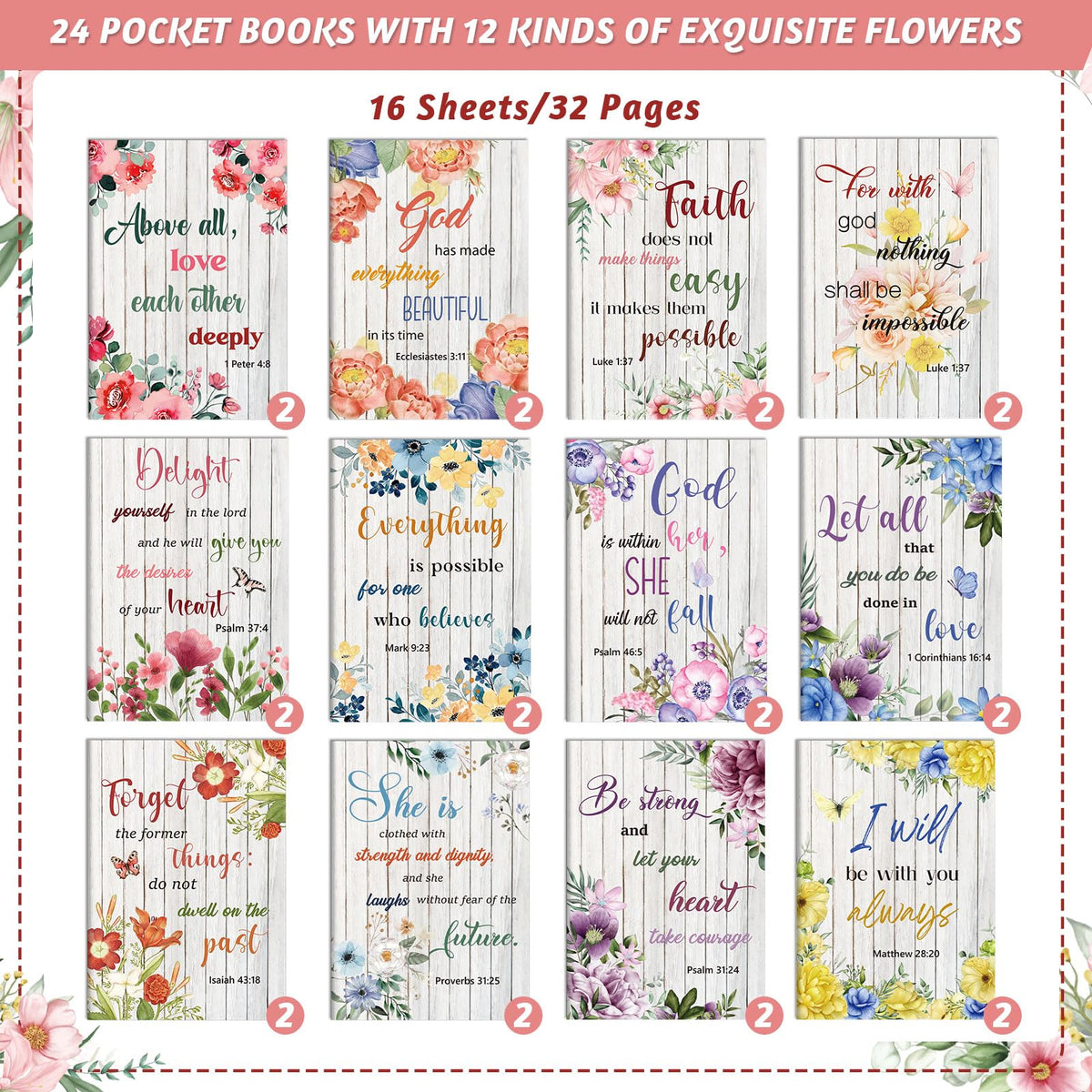 BESARME 24 Pack Floral Small Pocket Notebook, Christian Gifts Prayer Journal for Women Bible Quote