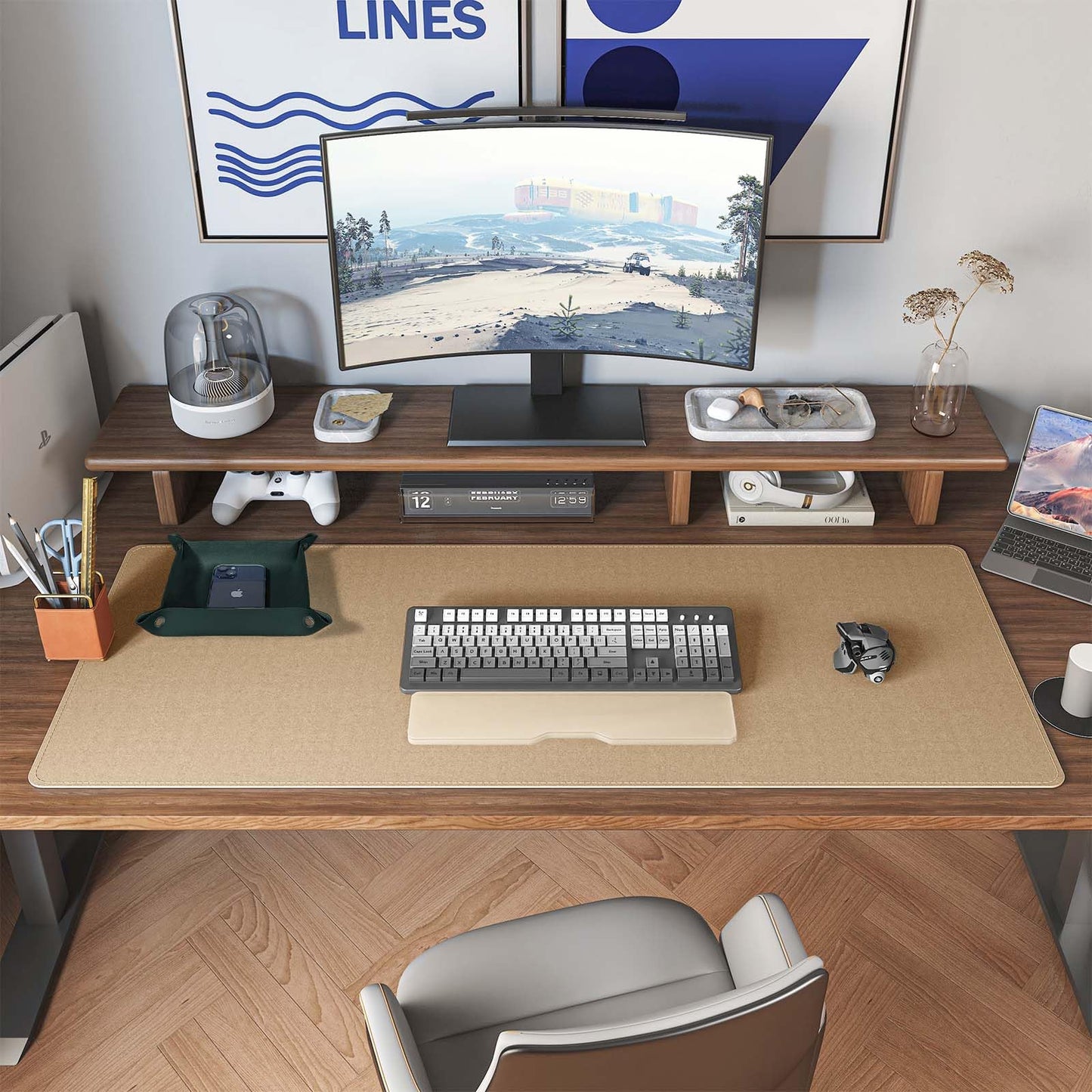 DAWNTREES Dark Green Desk Mat,Leather Desk Pad,40"x16",Cork Desk Mat Protector,with PU Leather