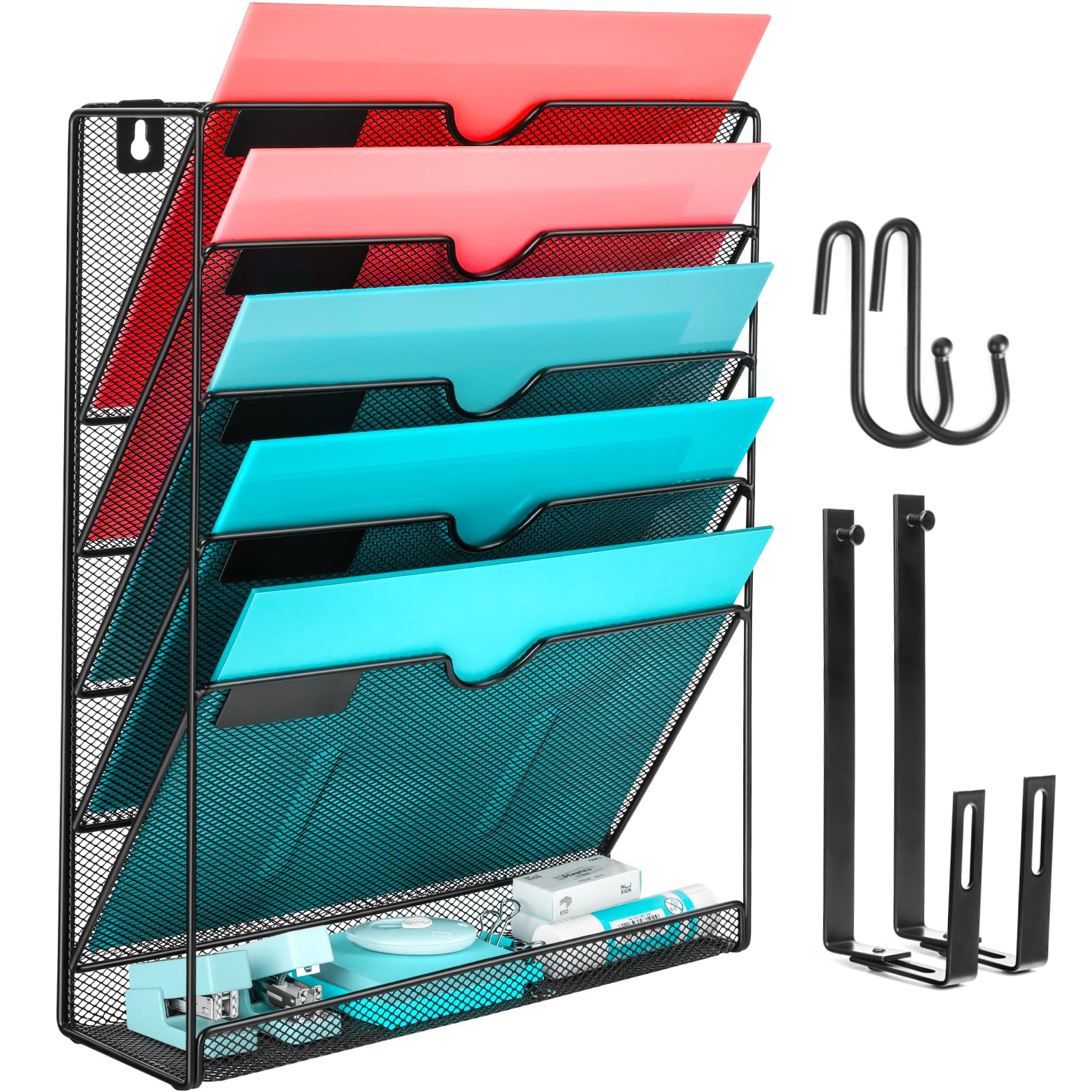 GALASALA Wall File Organizer, 6 Pockets Mesh Hanging File Organizer, Wall Mount File Holder With