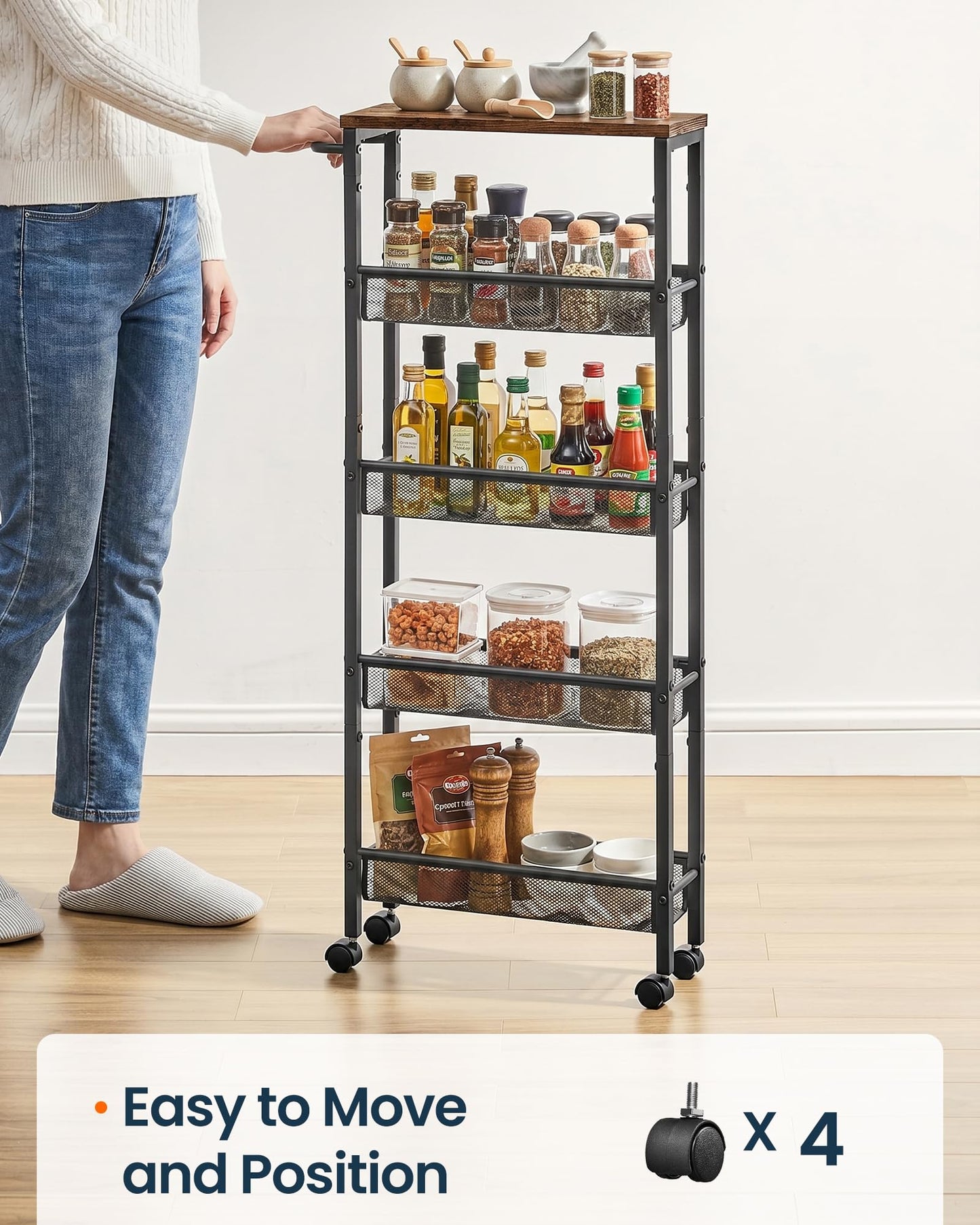 SONGMICS HOME Slim Rolling Cart, 5-Tier Storage Cart with Wheels and Handle, Narrow Utility Cart