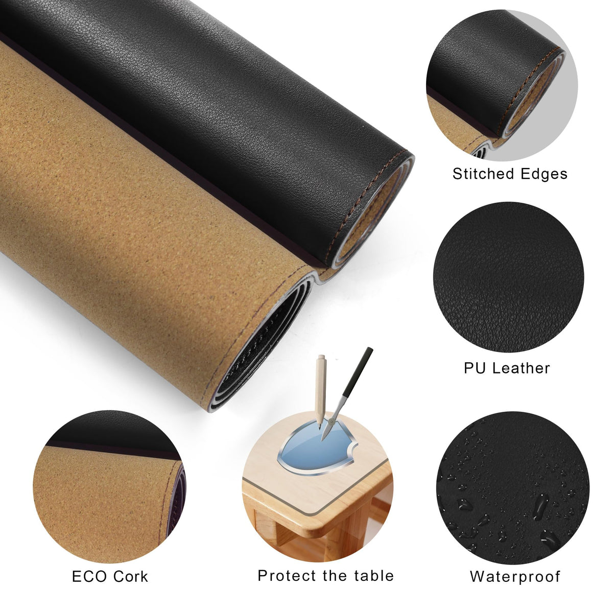 MAIDERN Cork & Leather Desk Mat, 78.7” x 15.7” Reversible Desk Pad (Black)