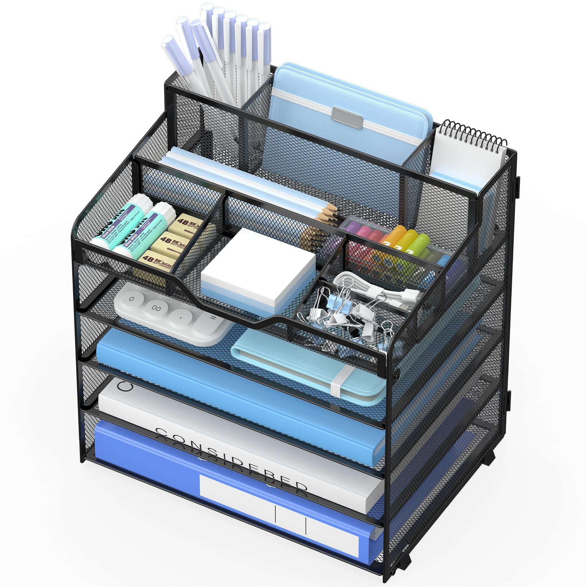 OrgMate 5 Tier Mesh Paper Desk Organizer with Pen Holders, Black