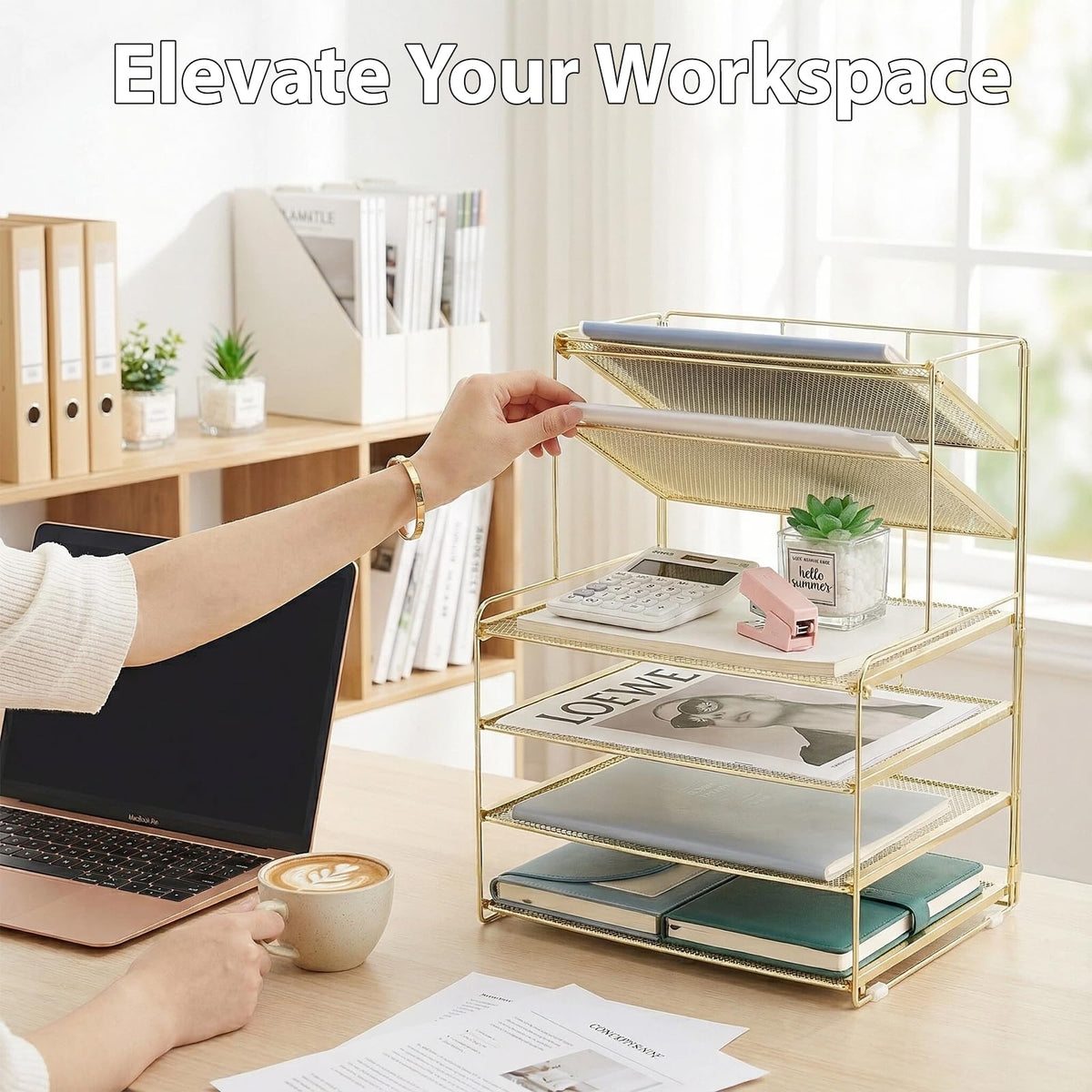 OPNICE Desk Organizer, 6-Tier Paper Organizer Letter Tray, Gold