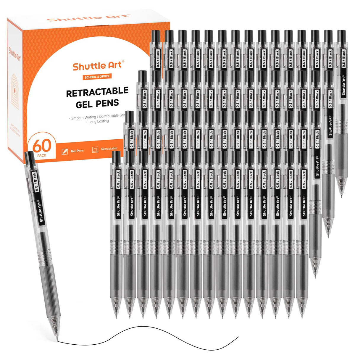 Shuttle Art Black Gel Pens, Ink Glide Series 60 Pack Retractable 0.5mm Fine Point Rollerball Gel