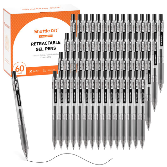 Shuttle Art Black Gel Pens, Ink Glide Series 60 Pack Retractable 0.5mm Fine Point Rollerball Gel