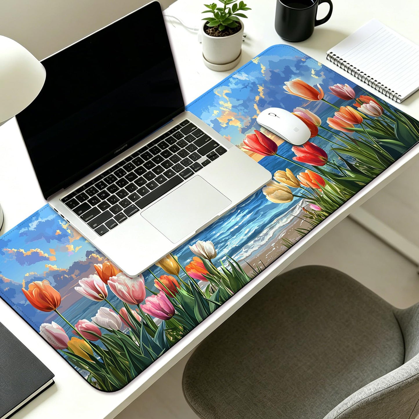 JIANG100 Tulips with Ocean Waves Gaming Desk Mat, Extended Mouse Pad, XL