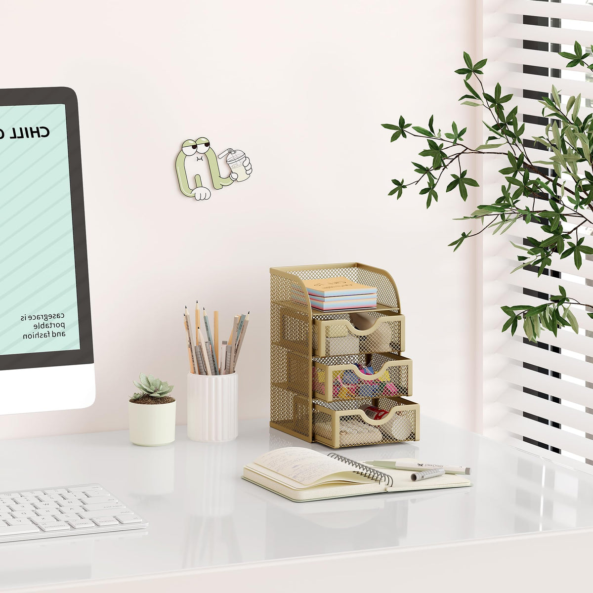 EasyPAG Mesh Desk Organizer with 3 Drawer Office Desktop Organizers and Accessories Stationery