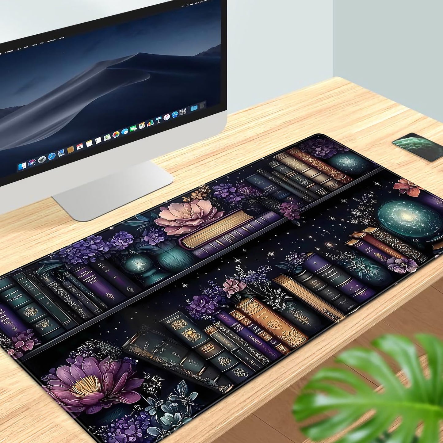 Purple Flowers Bookshelf Desk Mat Bookish Desk Pad Celestial Floral Books Large Mouse Pad XXL