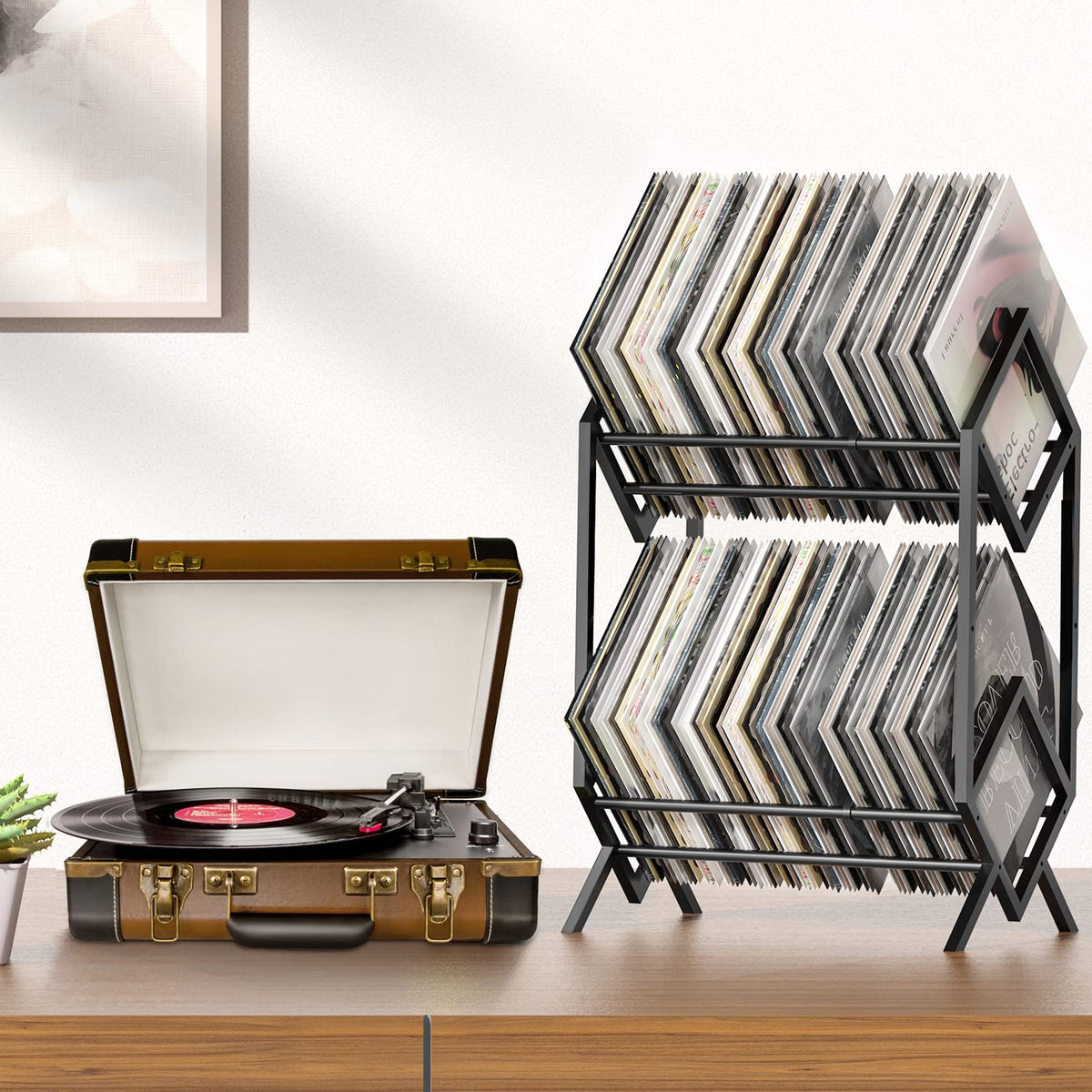 RUILALIFE 2-Tier-Vinyl-Record-Storage-Holder With Dividers, 200 LPs Albums Storage Rack Shelf