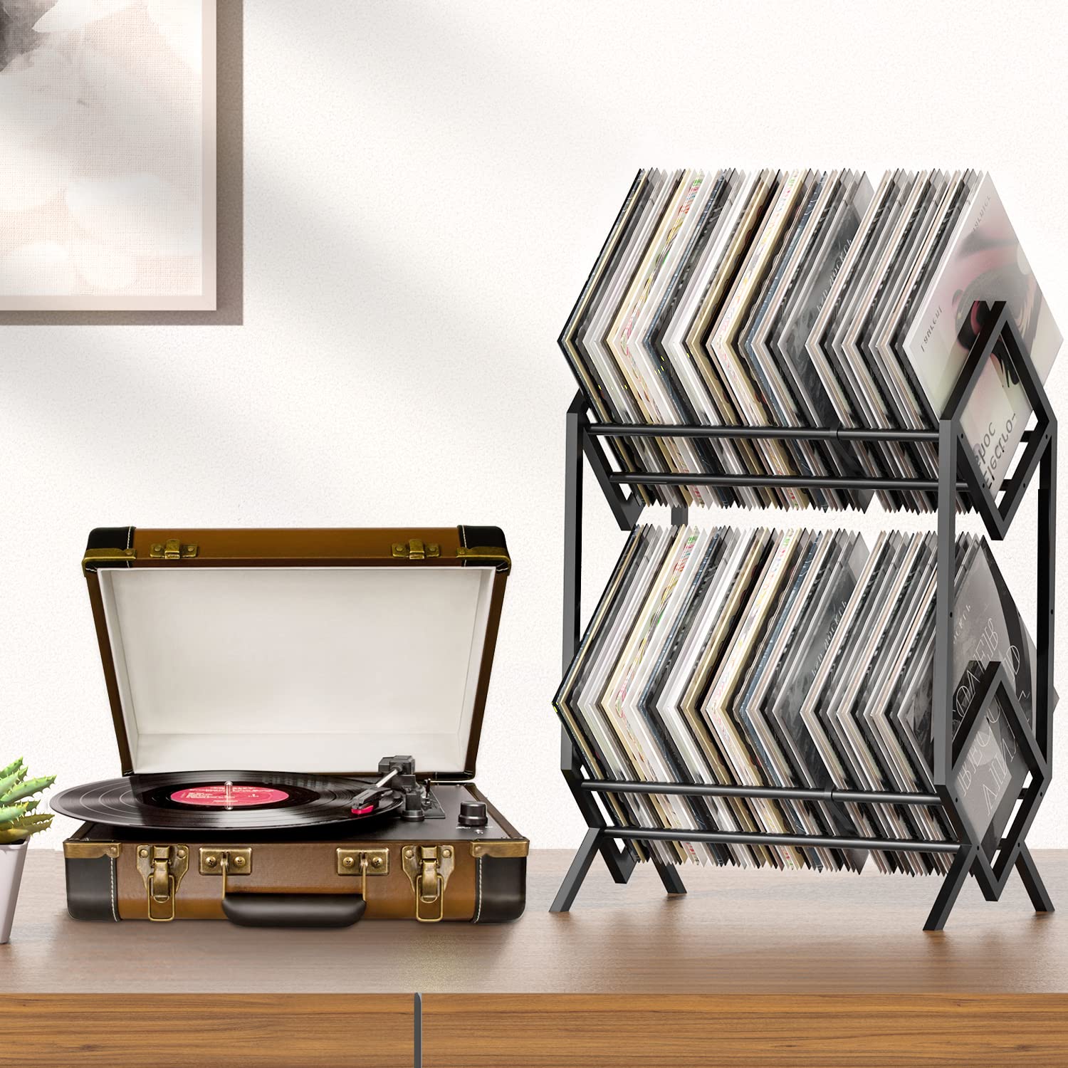 RUILALIFE 2-Tier-Vinyl-Record-Storage-Holder With Dividers, 200 LPs Albums Storage Rack Shelf