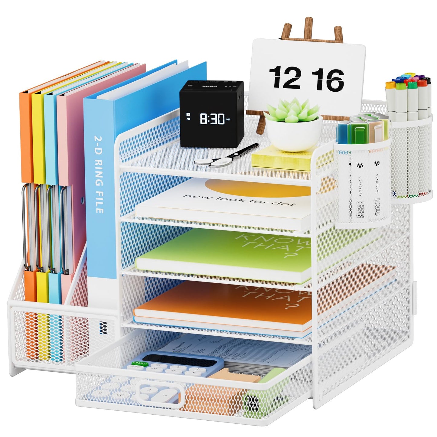 Lavatino Desk Organizer with File Holder, 5-Tier Paper Letter Tray Organizer with Sliding Drawer