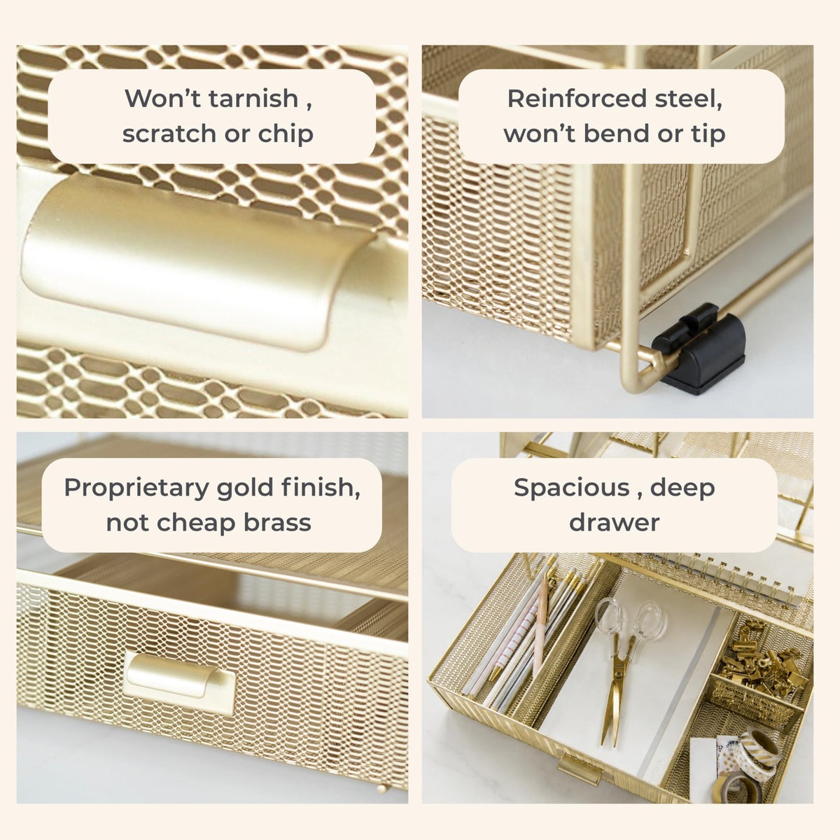 BLU MONACO | Gold Desk Organizer With Drawer | Metal Mesh File Holder & Vertical File Organizer |