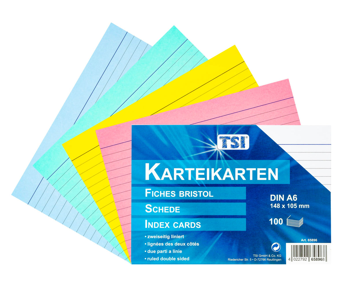 TSI Index Cards DIN A6 Pack of 100 Assorted Colours
