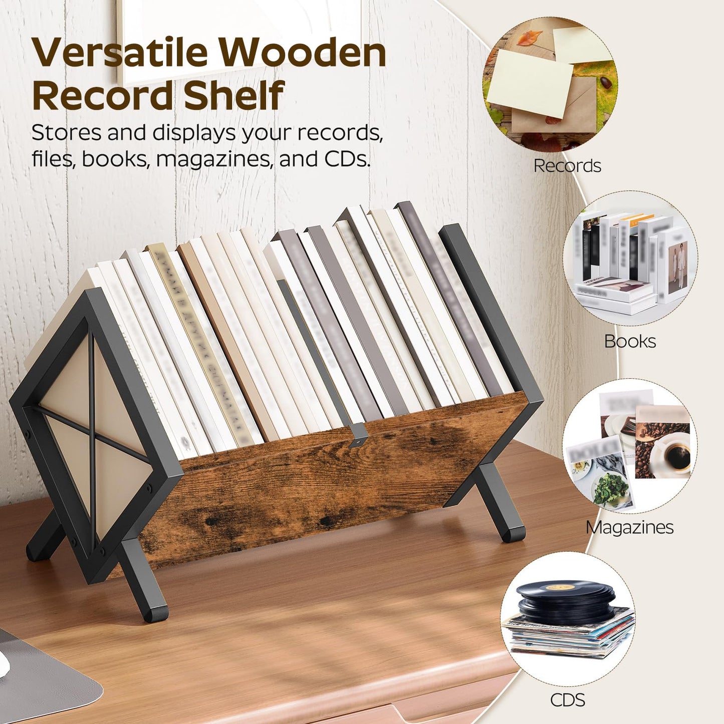 YATINEY Vinyl Record Holder, Record Storage Rack Holds 80-100 LP，Wooden and Metal Record Organizer