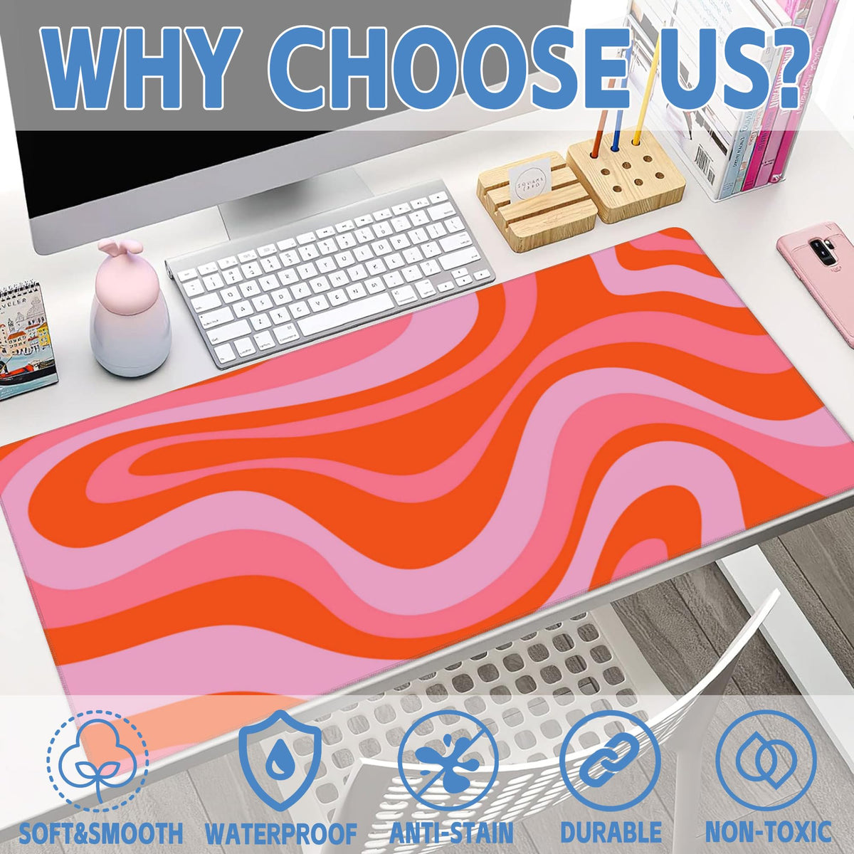 Large Gaming Mouse Pad for Desk,Hippie Groovy Waves Desk Mat for Desktop,Retro Groovy Swirls Desk