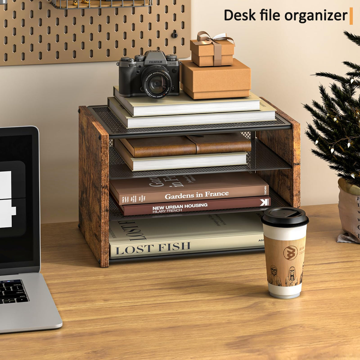 DAOUTIME 3-Tier Paper Letter Tray, Wooden Desk File Organizer, Stackable Metal Mesh Desk Organizer
