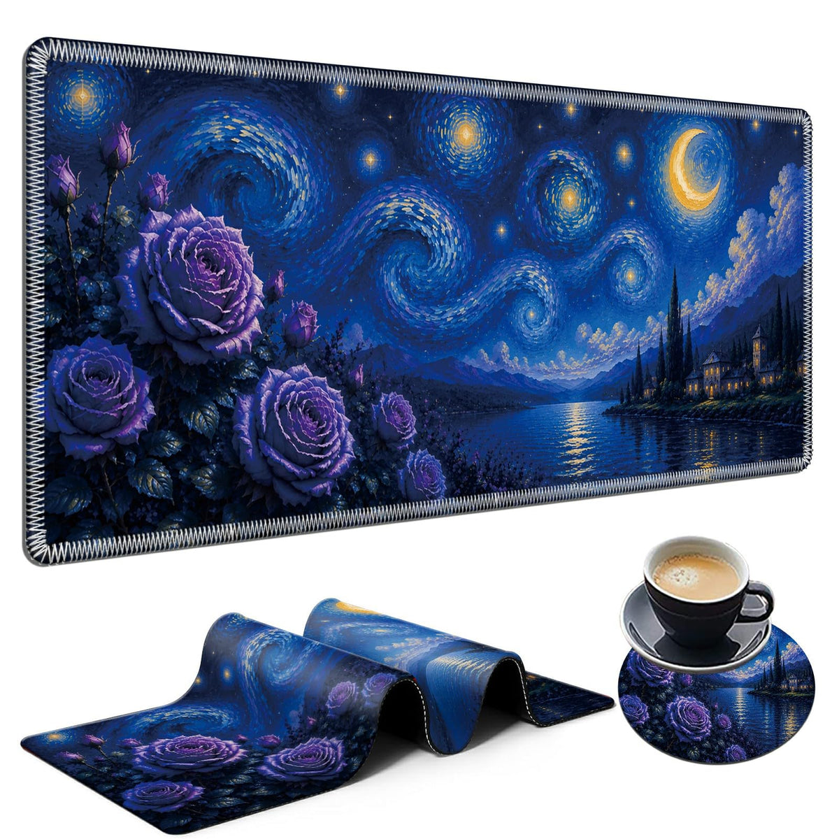 Moonlit Rose Lake Large Mouse Pad, 31.5 x 11.8 in Extended Desk Mat