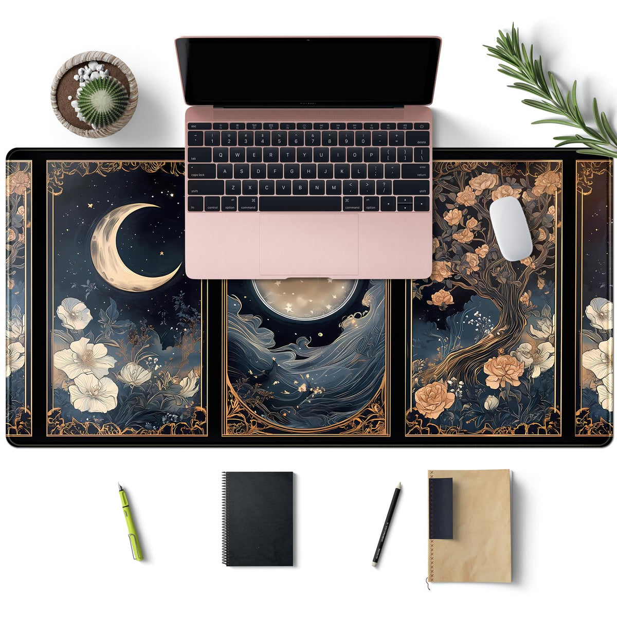 Celestial Lunar Nature Tarot Card Desk Mat Moon Floral Large Mouse Pad XXL 31.5''X 15.7'' Witch