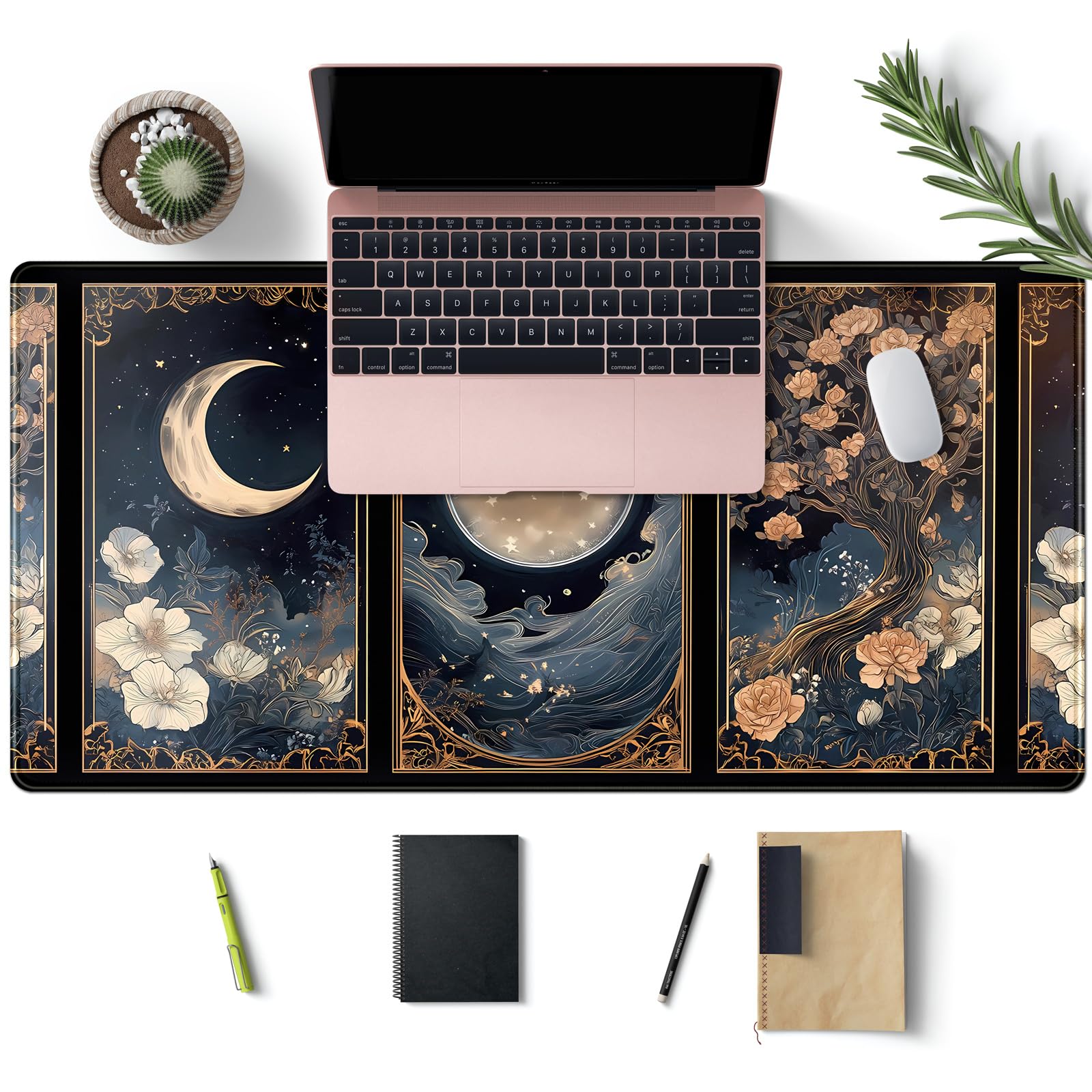 Celestial Lunar Nature Tarot Card Desk Mat Moon Floral Large Mouse Pad XXL 31.5''X 15.7'' Witch