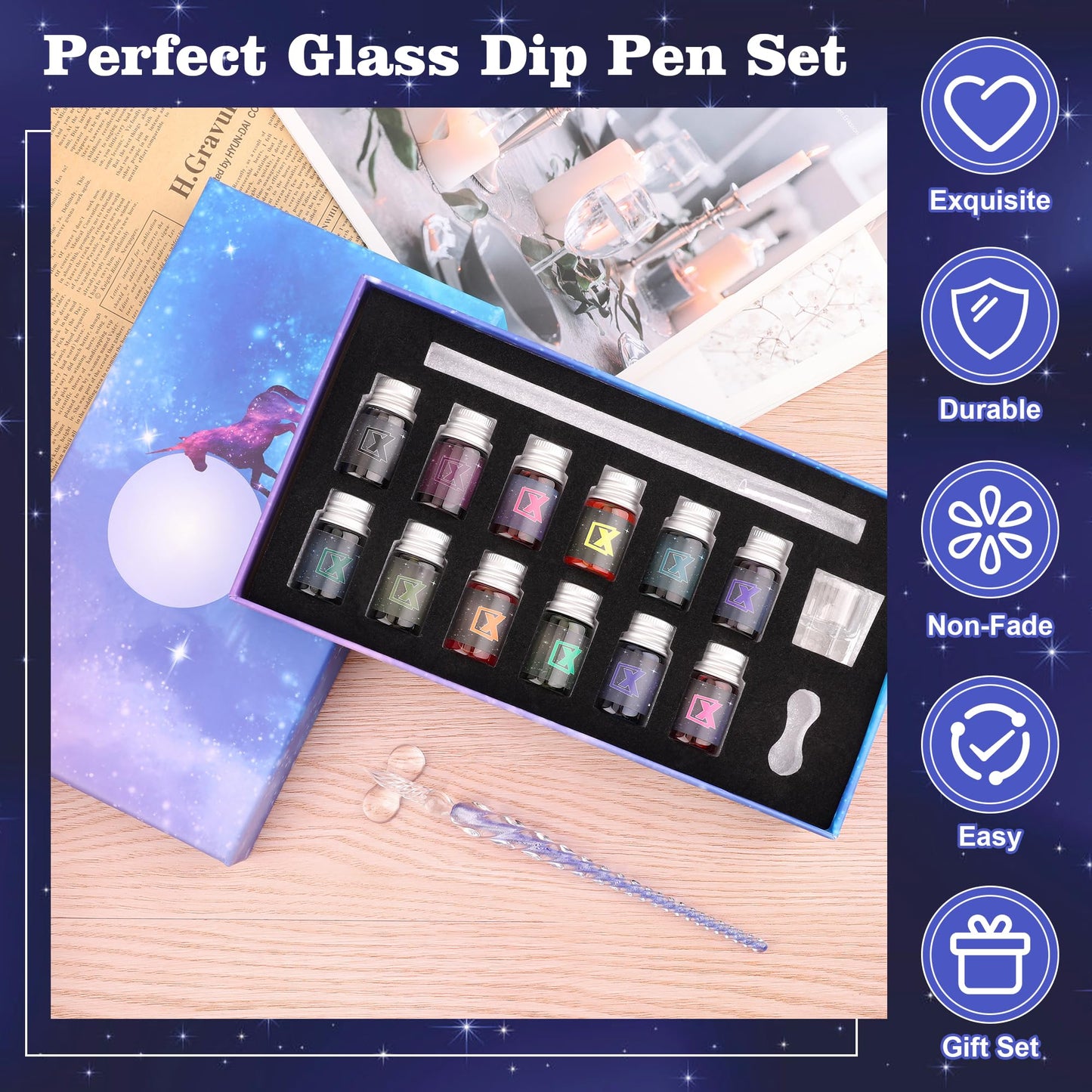 Luxiv Glass Dip Pen Set, Purple Crystal Pen With Ink, Holder, and Package