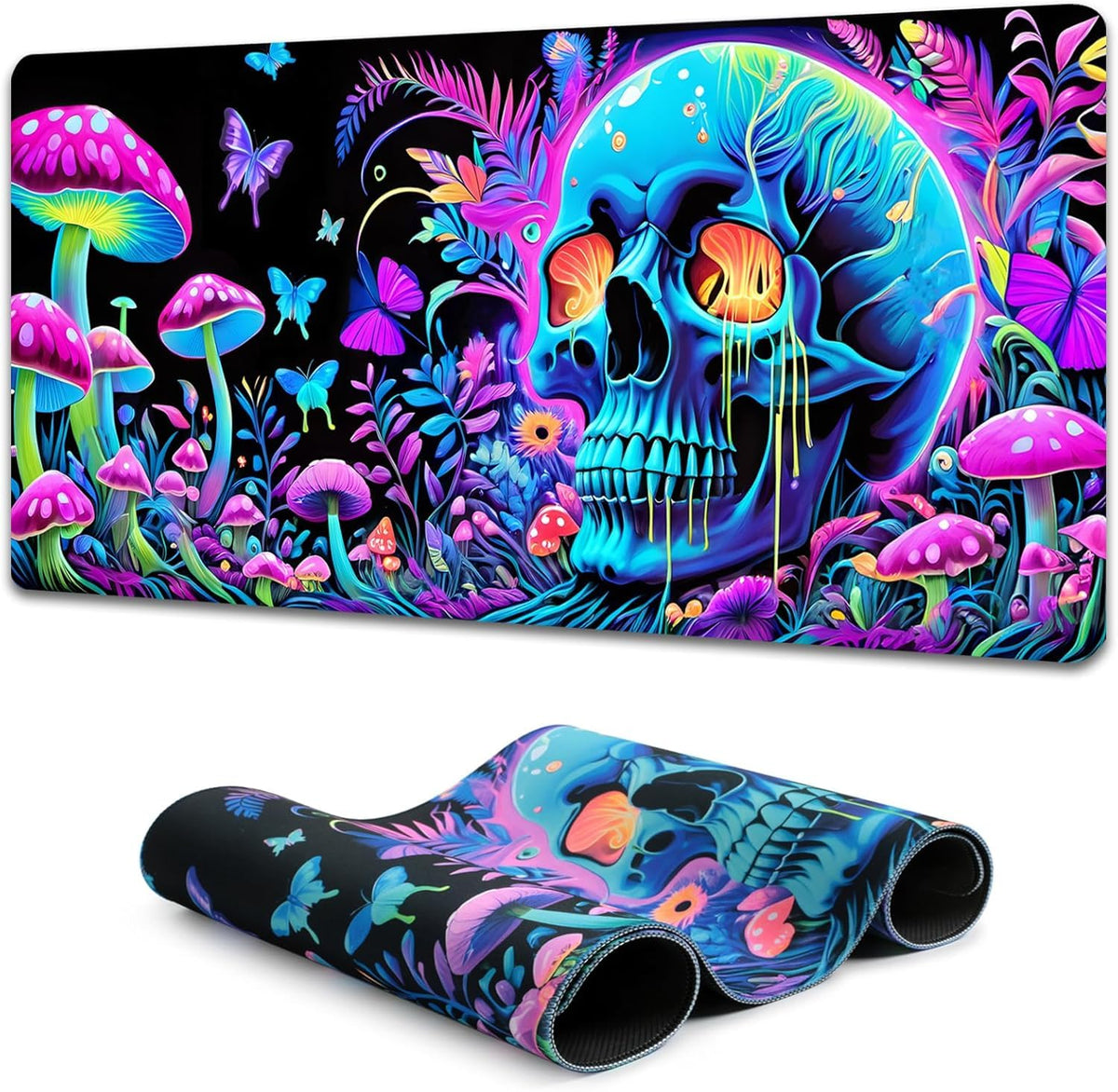 Simpkeely Large Skull Mushroom Gaming Mouse Pad - UV Light Reactive Neon Glow Butterfly Mat