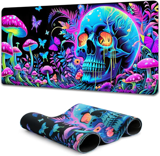 Simpkeely Large Skull Mushroom Gaming Mouse Pad - UV Light Reactive Neon Glow Butterfly Mat