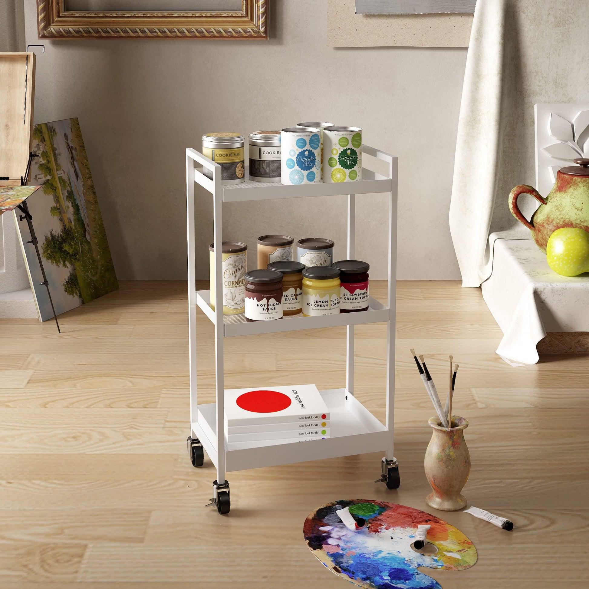 3-Tier Metal Utility Rolling Cart, Heavy Duty Multifunction Rectangular Cart with Lockable Casters